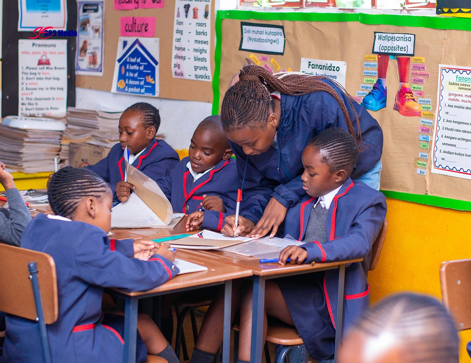 Primary pupils learning in a bright classroom with teacher support